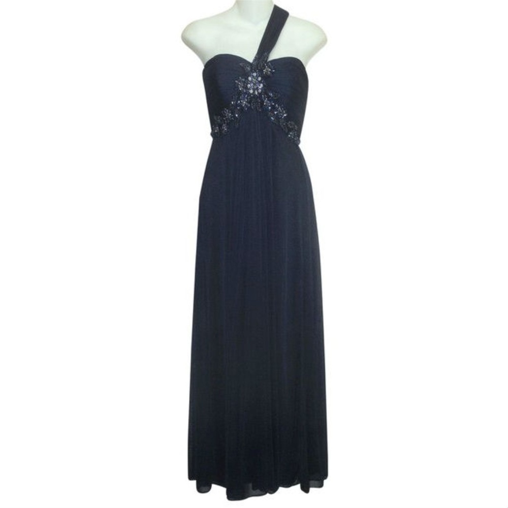 XSCAPE Navy Beaded Chiffon Long Dress 4